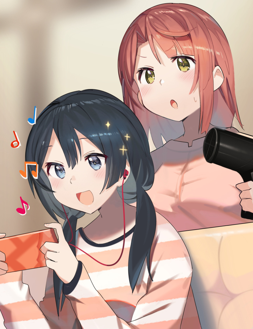 2girls :d absurdres bangs beamed_eighth_notes black_hair blue_eyes blurry blurry_background blush brown_eyes brown_hair cellphone couch depth_of_field earbuds earphones eighth_note eyebrows_visible_through_hair hair_dryer hair_over_shoulder hands_up highres holding holding_phone kasa_list long_hair long_sleeves love_live! love_live!_nijigasaki_high_school_idol_club low_twintails multiple_girls musical_note on_couch open_mouth parted_bangs phone pink_shirt quarter_note shirt sitting sleeves_past_wrists smile sparkle standing striped striped_shirt sweat takasaki_yuu twintails uehara_ayumu v-shaped_eyebrows