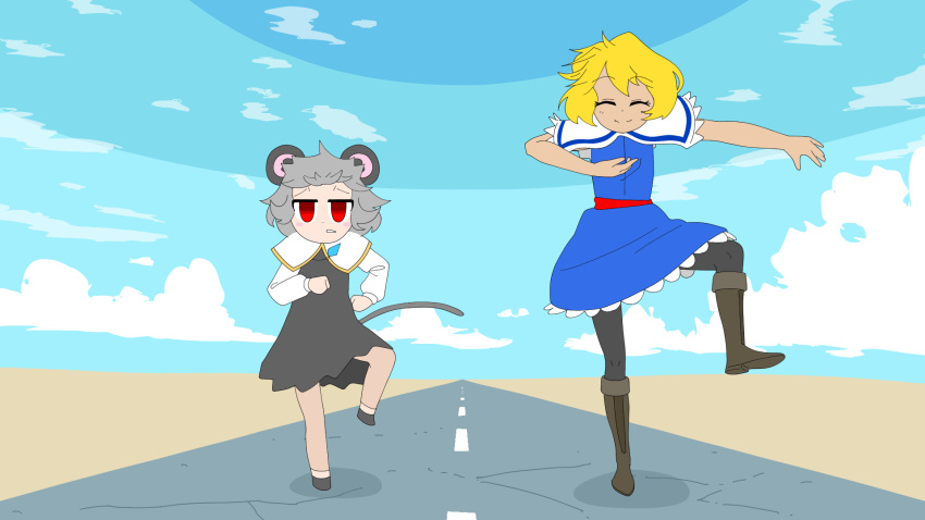 2girls alice_margatroid animal_ears animated animated_gif band_of_the_bold bangs black_dress black_footwear black_legwear blue_dress blue_sky blush bouncing capelet closed_eyes closed_mouth cloud commentary_request cookie_(touhou) desert dress eyebrows_visible_through_hair full_body grey_hair hair_between_eyes highres horizon jewelry kofji_(cookie) long_sleeves looking_at_viewer looping_animation meme meow25meow mouse_ears mouse_tail multiple_girls nazrin open_mouth outdoors pantyhose parody pendant red_sash road sash shirt short_hair sky smile tail touhou walking web_(cookie) white_capelet white_shirt