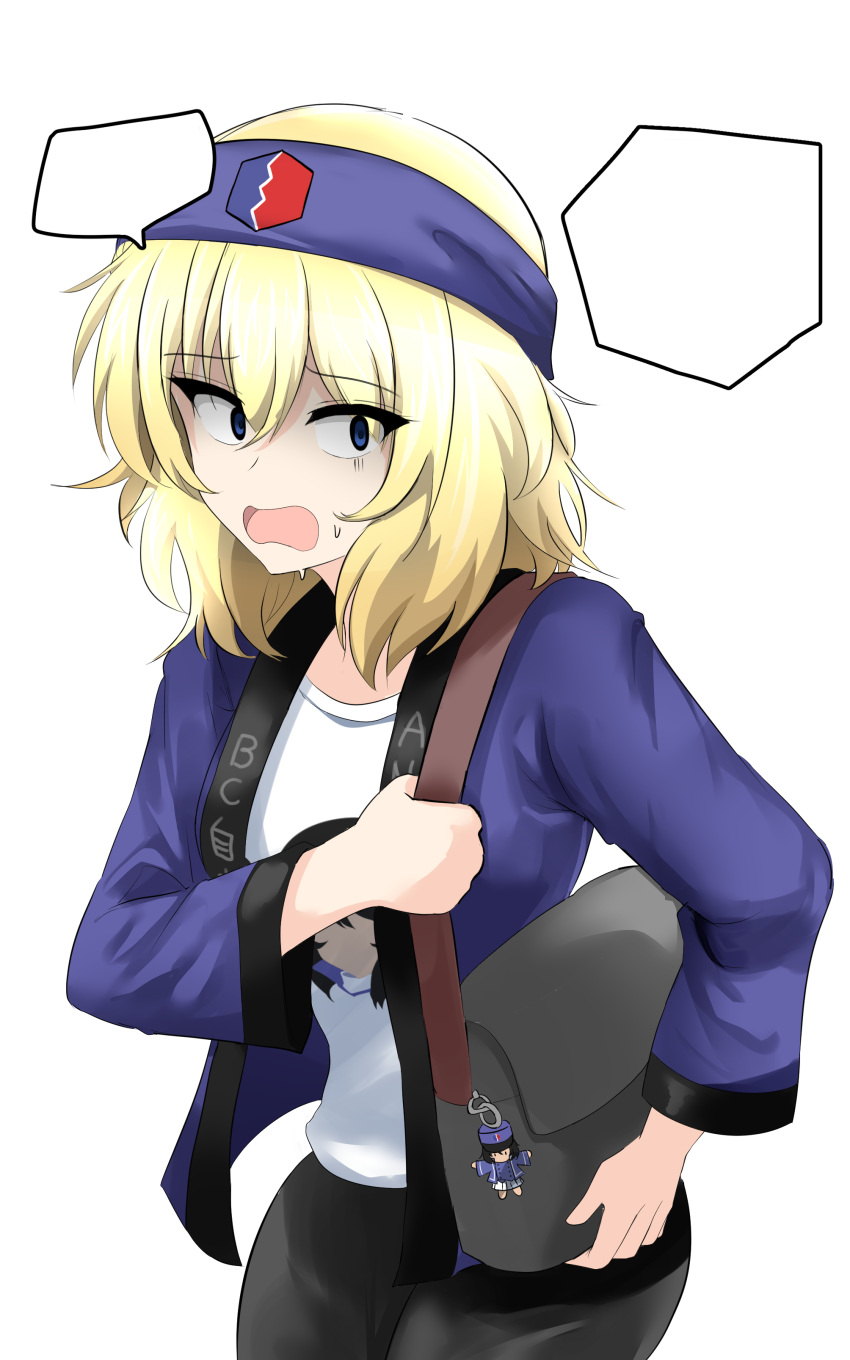 1girl absurdres aikir_(jml5160) andou_(girls_und_panzer) bag bangs bc_freedom_(emblem) bc_freedom_military_uniform black_pants blonde_hair blue_eyes blue_headband blue_jacket carrying character_doll character_print commentary constricted_pupils emblem eyebrows_visible_through_hair frown girls_und_panzer gloom_(expression) handbag happi headband highres jacket japanese_clothes long_sleeves looking_at_viewer medium_hair messy_hair open_clothes open_jacket open_mouth oshida_(girls_und_panzer) otaku pants print_shirt shirt simple_background solo speech_bubble sweat t-shirt white_background white_shirt