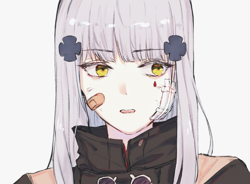 1girl bandage_on_face bandages bandaid bandaid_on_face bangs blunt_bangs cheonyeon-hi close-up eyebrows_visible_through_hair face facial_hair girls_frontline hair_ornament highres hk416_(girls_frontline) jacket long_hair looking_to_the_side open_mouth silver_hair solo straight_hair yellow_eyes