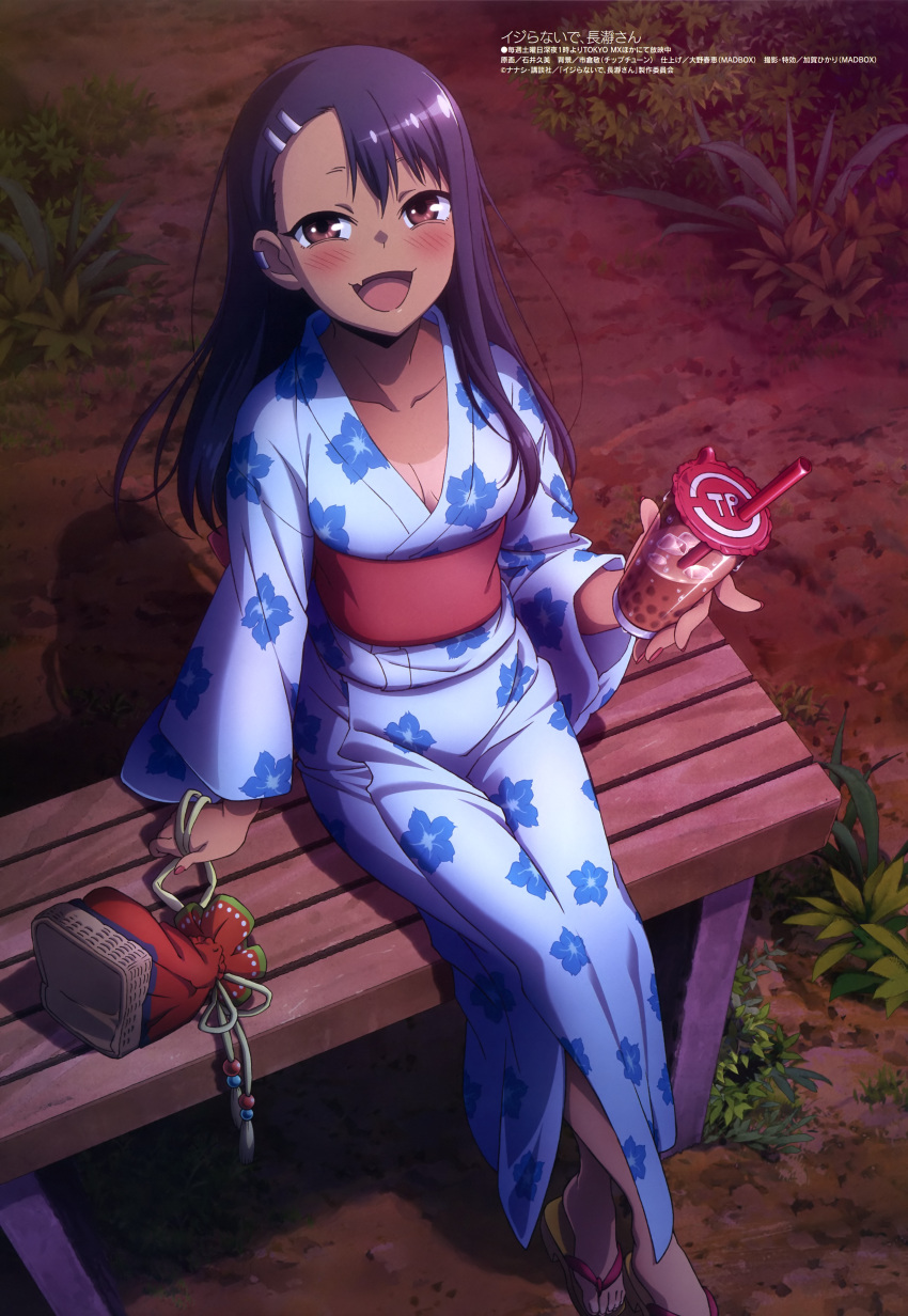 1girl :d absurdres asymmetrical_bangs bangs black_hair blush breasts bubble_tea cleavage collarbone copyright_name cup dark-skinned_female dark_skin disposable_cup fang from_above hair_ornament hairclip highres holding ijiranaide_nagatoro-san ishii_kumi japanese_clothes kimono long_hair looking_at_viewer medium_breasts megami_magazine nagatoro_hayase night official_art open_clothes open_mouth open_shirt outdoors sandals scan sitting skin_fang smile solo tan tanline yukata
