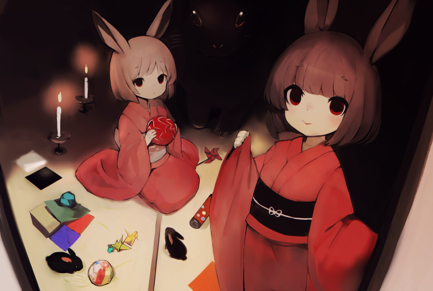 2girls animal animal_ears ball brown_hair bunny bunny_ears candle closed_mouth commentary_request empty_eyes fire highres holding holding_ball indoors japanese_clothes kimono long_sleeves looking_at_viewer multiple_girls obi origami original pinching_sleeves pinwheel red_eyes red_kimono red_lips sash seiza short_eyebrows short_hair sitting sleeves_past_wrists smile standing thick_eyebrows u_(rat3333)