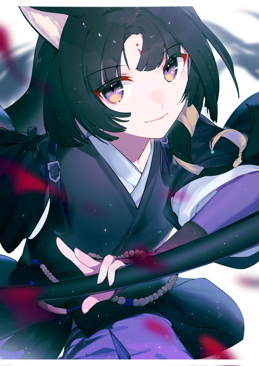 1girl absurdres animal_ears arknights bead_necklace beads black_gloves black_hair black_kimono blurry blurry_background blurry_foreground closed_mouth commentary dog_ears dog_girl eyebrows_visible_through_hair facial_mark fingerless_gloves forehead_mark fui_(fui29493452) gloves hand_up highres holding holding_weapon japanese_clothes jewelry kimono light_smile long_hair looking_at_viewer necklace purple_eyes saga_(arknights) shoulder_strap solo weapon