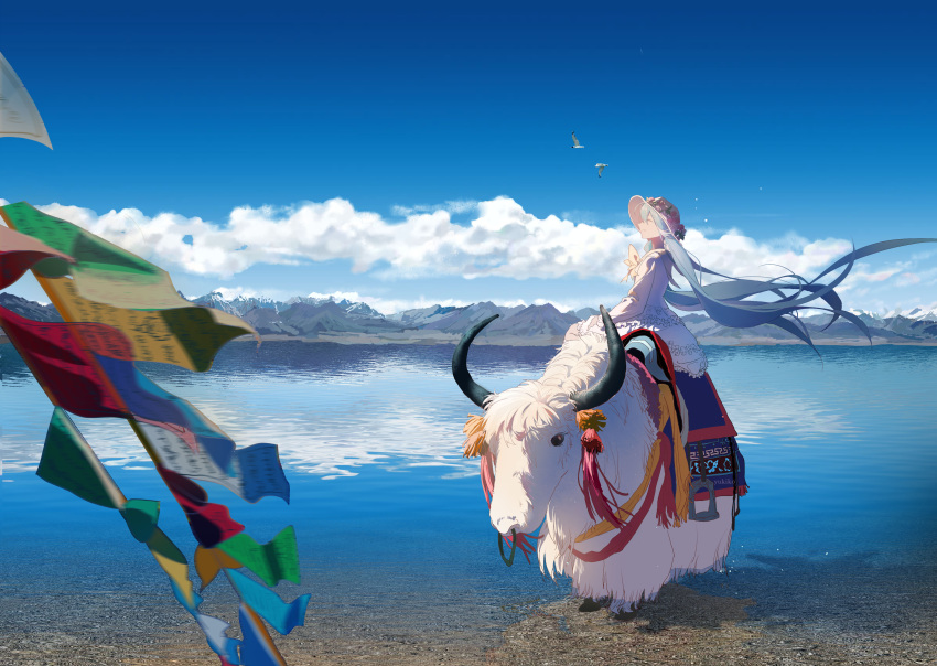 1girl absurdly_long_hair absurdres aqua_hair beach bird blue_sky chinese_commentary closed_eyes cloud commentary day dress flower hat hat_flower hatsune_miku highres horns lake long_hair mountainous_horizon neck_ribbon outdoors reflection ribbon riding scenery sitting sky smile string_of_flags tassel twintails very_long_hair vocaloid white_dress wide_shot yak yellow_neckwear yukiko_(snow_boy)