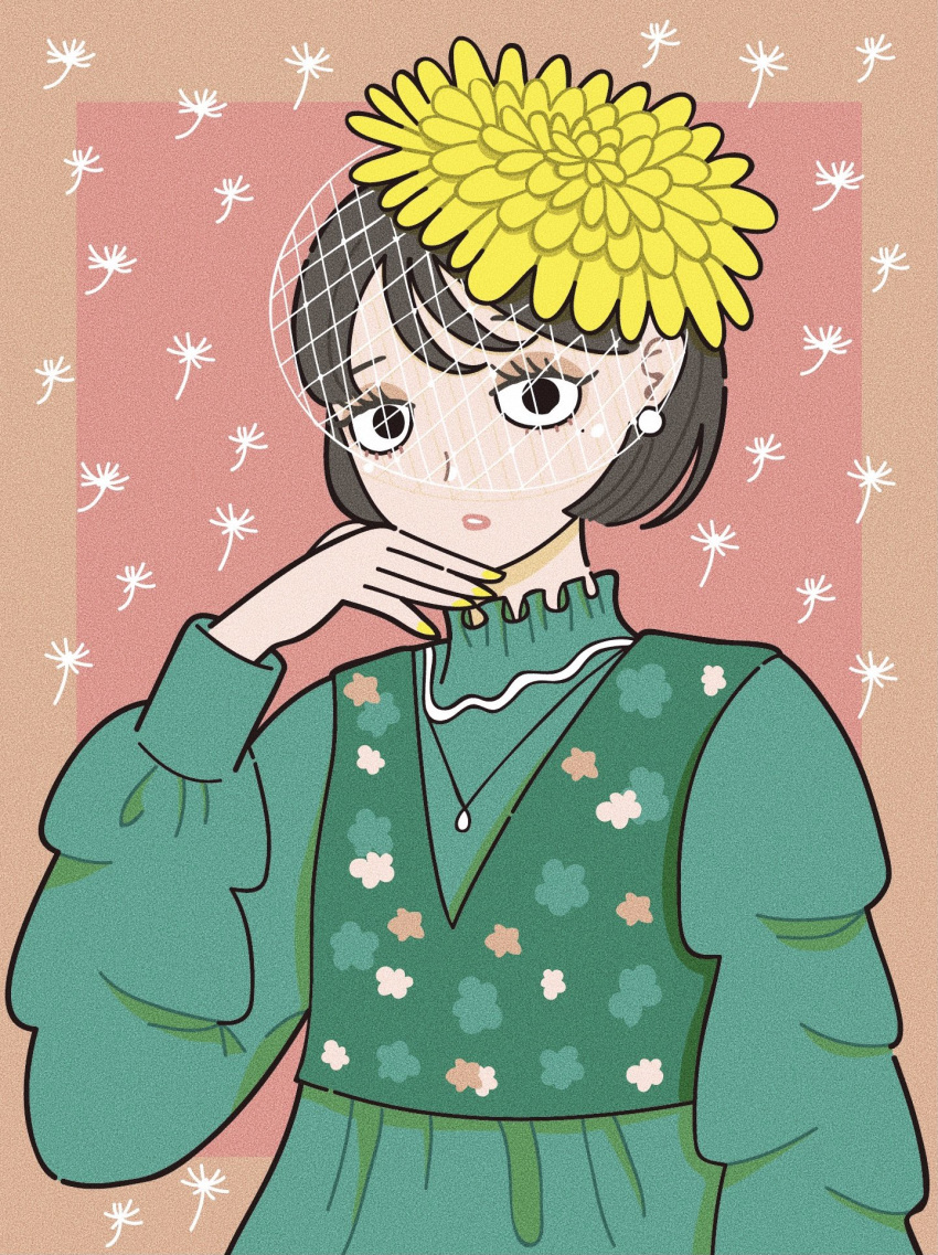 1girl black_eyes black_hair dandelion dandelion_seed dress earrings eyeshadow flower green_dress hair_flower hair_ornament highres hoppe_illust jewelry long_sleeves looking_at_viewer makeup original red_background shadow short_hair solo yellow_flower yellow_nails