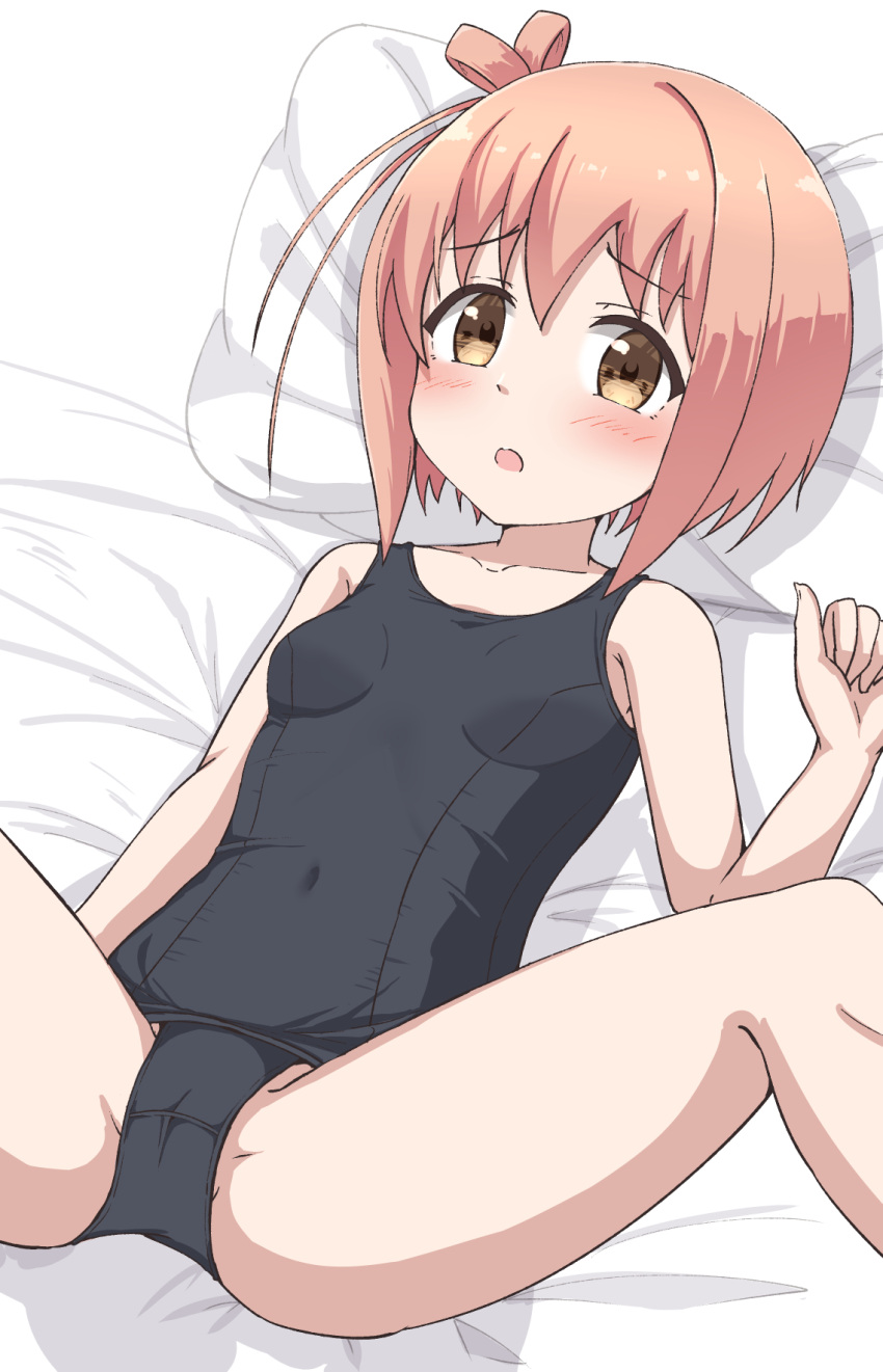 1girl bangs bare_arms bare_shoulders bed_sheet black_swimsuit blush breasts brown_eyes brown_hair cameltoe collarbone commentary_request covered_navel eyebrows_visible_through_hair feet_out_of_frame hair_between_eyes hand_up highres hippo_(hirople) ichinose_hana looking_at_viewer lying old_school_swimsuit on_back one-piece_swimsuit one_side_up parted_lips pillow school_swimsuit short_hair slow_start small_breasts solo spread_legs swimsuit