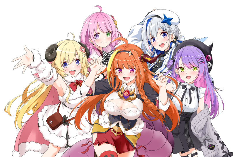 5girls ahoge amane_kanata angel_wings arm_up armpits bangs bare_shoulders belt_pouch beret black_hairband black_headwear black_jacket black_ribbon black_shirt black_skirt blonde_hair blue_eyes blue_hair blue_wings blunt_bangs blush bow braid breasts bright_pupils brooch cape cardigan chain_necklace checkered checkered_legwear claw_pose cleavage cleavage_cutout clothing_cutout collared_shirt colored_inner_hair commentary curled_horns demon_girl detached_sleeves diagonal-striped_bow dragon_girl dragon_horns dragon_tail dragon_wings drawstring dress ear_piercing eyebrows_visible_through_hair fangs feathered_wings feet_out_of_frame felutiahime frills fur-trimmed_cape fur-trimmed_dress fur_scarf fur_trim gem gloves gradient gradient_hair gradient_wings green_eyes hair_between_eyes hair_ornament hairband hairclip halter_dress halterneck hat heterochromia highlights highres himemori_luna hip_vent hololive hood hood_down hooded_jacket horn_bow horns jacket japanese_clothes jewelry kimono kiryu_coco large_breasts long_hair looking_at_viewer meme_attire miniskirt multicolored multicolored_eyes multicolored_hair multicolored_wings multiple_girls neck_ribbon necklace official_alternate_costume open_cardigan open_clothes open_hand open_mouth orange_hair outstretched_arms partially_fingerless_gloves piercing pink_hair pink_kimono pleated_skirt pointy_ears pouch princess purple_eyes purple_hair red_eyes red_skirt ribbon sheep_girl sheep_horns shirt side-tie_skirt side_braid sidelocks silver_hair simple_background single_braid single_thighhigh skin_fangs skirt sleeveless sleeveless_shirt slit_pupils small_breasts smile star_(symbol) star_hair_ornament star_necklace streaked_hair striped striped_bow swept_bangs tail teeth thigh_strap thighhighs tokoyami_towa tsunomaki_watame twin_braids twintails upper_teeth virgin_killer_outfit virtual_youtuber white_background white_dress white_headwear white_jacket white_pupils white_shirt white_wings wings