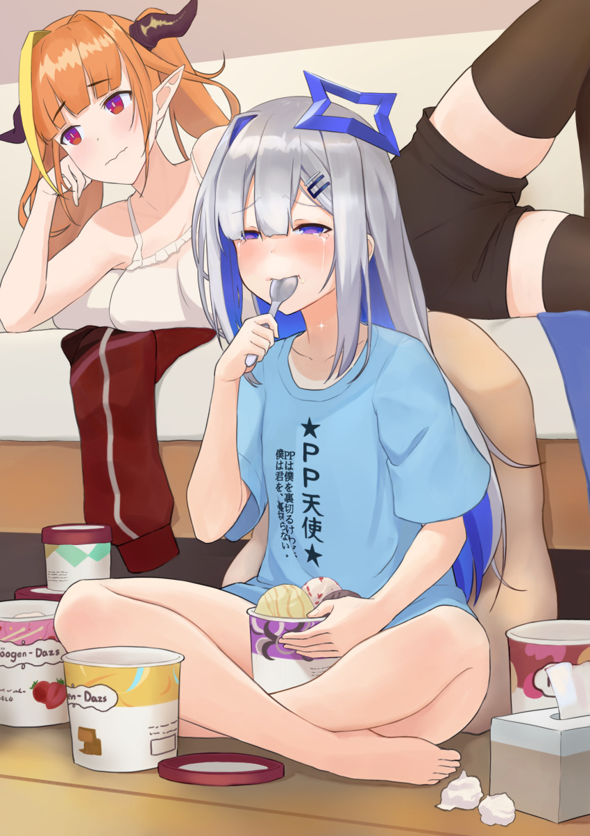 2girls alternate_costume amane_kanata angel bangs bare_legs bare_shoulders barefoot bed black_legwear black_shorts blonde_hair blue_hair blue_shirt blunt_bangs blush breasts bright_pupils camisole collarbone colored_inner_hair crying crying_with_eyes_open cup disposable_cup doukyo's dragon_girl dragon_horns elbow_rest eyebrows_visible_through_hair fangs feet_out_of_frame flat_chest food food_on_face frilled_camisole full_body haagen-dazs hair_between_eyes hair_intakes hair_ornament hairclip half-closed_eyes halo head_rest highlights highres holding holding_spoon hololive horns ice_cream ice_cream_cup indian_style indoors jacket jacket_removed kiryu_coco large_breasts legs long_hair looking_away lying mugiwara_boushi_(a26666221) multicolored multicolored_eyes multicolored_hair multiple_girls no_pants official_alternate_costume on_bed on_side orange_hair pointy_ears pp_tenshi_t-shirt purple_eyes red_eyes red_jacket shirt short_shorts short_sleeves shorts sidelocks silver_hair single_hair_intake sitting sitting_on_floor skin_fangs slit_pupils spaghetti_strap spoon star_(symbol) star_halo star_print streaked_hair t-shirt tears thighhighs thighs tissue tissue_box track_jacket twintails used_tissue utensil_in_mouth virtual_youtuber white_camisole wooden_floor
