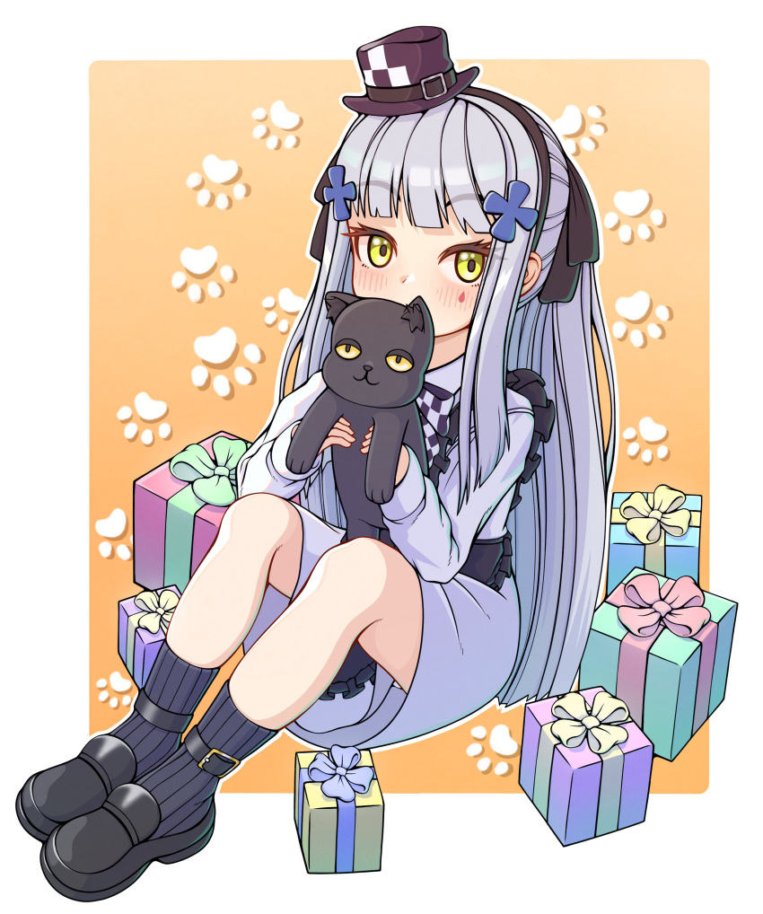 1girl absurdres animal black_ribbon blush box cat covering_mouth eyebrows_visible_through_hair facial_hair full_body gift gift_box girls_frontline green_eyes hair_ornament hair_ribbon hairband hat highres hk416_(girls_frontline) holding holding_animal holding_cat long_hair long_sleeves looking_at_viewer meatbandit mini_hat official_alternate_costume paw_print paw_print_background ribbon silver_hair socks solo younger