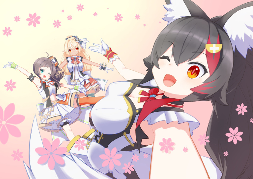 3girls ;d absurdres animal_ears bangs black_hair blurry bow_skirt corset depth_of_field eyebrows_visible_through_hair frilled_straps frills gloves hair_between_eyes hair_ornament hairclip highlights highres hololive hololive_idol_uniform idol idol_clothes long_hair miniskirt multicolored_hair multiple_girls natsuiro_matsuri official_alternate_costume one_eye_closed ookami_mio open_mouth red_hair selfie shiranui_flare skirt skirt_set sleeveless smile solo_focus very_long_hair virtual_youtuber wappa white_gloves white_skirt wolf_ears wolf_girl wrist_cuffs yellow_eyes
