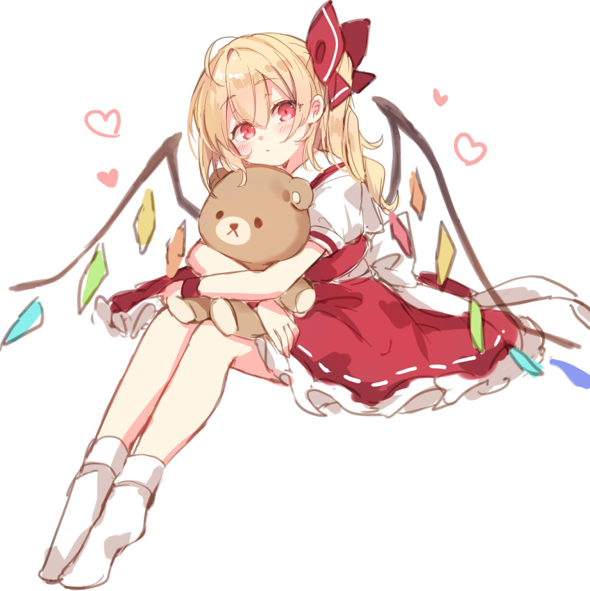 1girl absurdres ahoge blonde_hair blush bow dress flandre_scarlet frilled_dress frills full_body hair_between_eyes hair_bow heart highres long_hair object_hug paragasu_(parags112) red_dress red_wristband shirt simple_background sketch socks solo stuffed_animal stuffed_toy teddy_bear touhou white_background white_bow white_legwear white_shirt wings