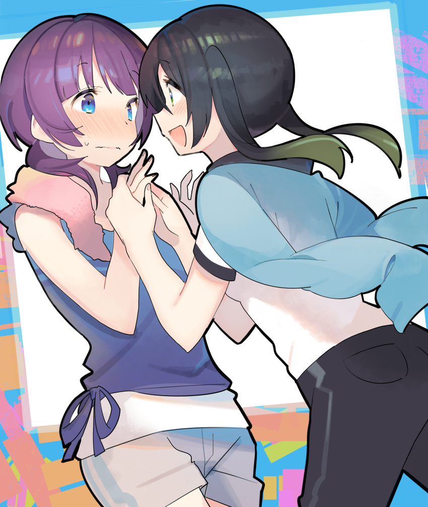 2girls absurdres asaka_karin ass black_hair black_pants blue_eyes blue_jacket blush closed_mouth eye_contact gradient_hair green_eyes green_hair grey_shorts hair_over_shoulder highres holding_hand jacket jacket_on_shoulders kasa_list long_hair long_sleeves looking_at_another love_live! love_live!_nijigasaki_high_school_idol_club low_twintails multicolored_hair multiple_girls nose_blush pants profile purple_hair purple_shirt shirt short_shorts short_sleeves shorts sleeveless sleeveless_shirt takasaki_yuu towel towel_around_neck twintails wavy_mouth white_shirt