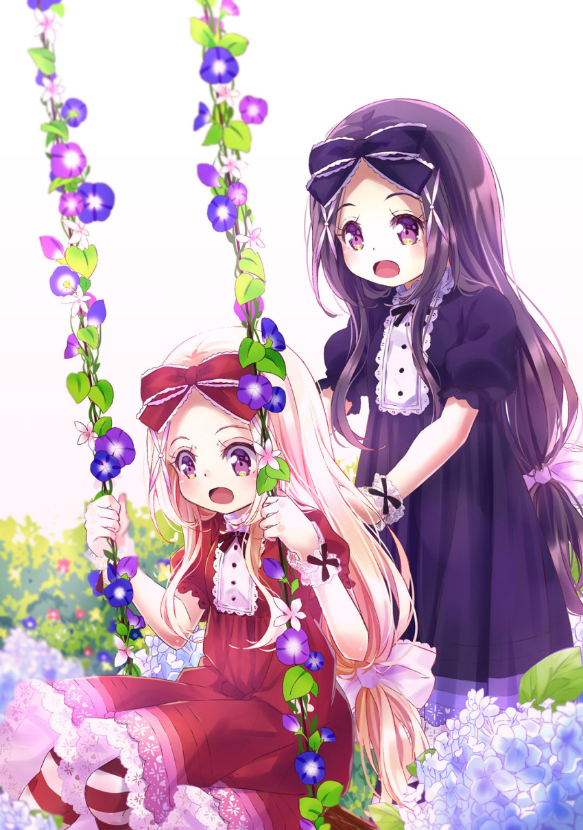 2girls 54hao :d black_bow black_dress black_hair blonde_hair blue_flower bow dress flower forehead hair_bow highres hydrangea long_hair multiple_girls open_mouth original pantyhose puffy_short_sleeves puffy_sleeves purple_eyes purple_flower red_bow red_dress short_sleeves siblings sitting smile standing striped striped_legwear swing twins very_long_hair white_background white_flower white_hair wrist_cuffs