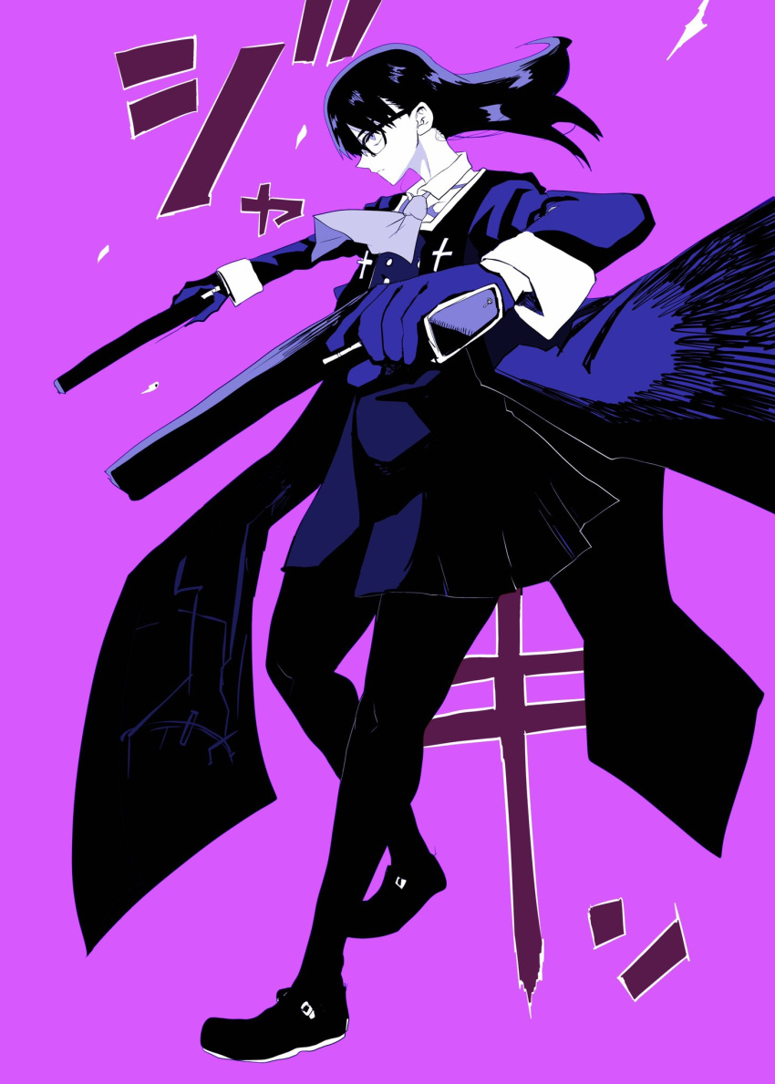 1girl blue_gloves closed_mouth cross doctor_masube dress dual_wielding frown glasses gloves gun highres holding holding_gun holding_weapon long_hair monochrome original priest purple_background purple_eyes purple_neckwear simple_background solo weapon