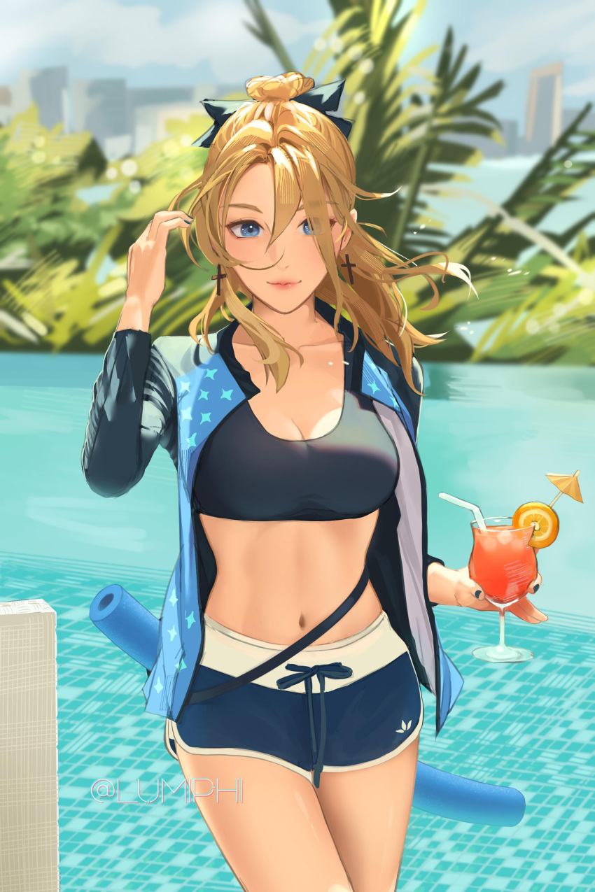 1girl absurdres adidas alternate_costume artist_name blonde_hair blue_jacket blue_nails blue_shorts breasts cleavage contemporary cross cross_earrings cup dolphin_shorts drink earrings genshin_impact hair_over_one_eye highres holding holding_cup jacket jean_gunnhildr jewelry logo_parody looking_at_viewer lumiphi medium_breasts midriff nail_polish navel open_clothes open_jacket pool short_shorts shorts smile solo tied_hair