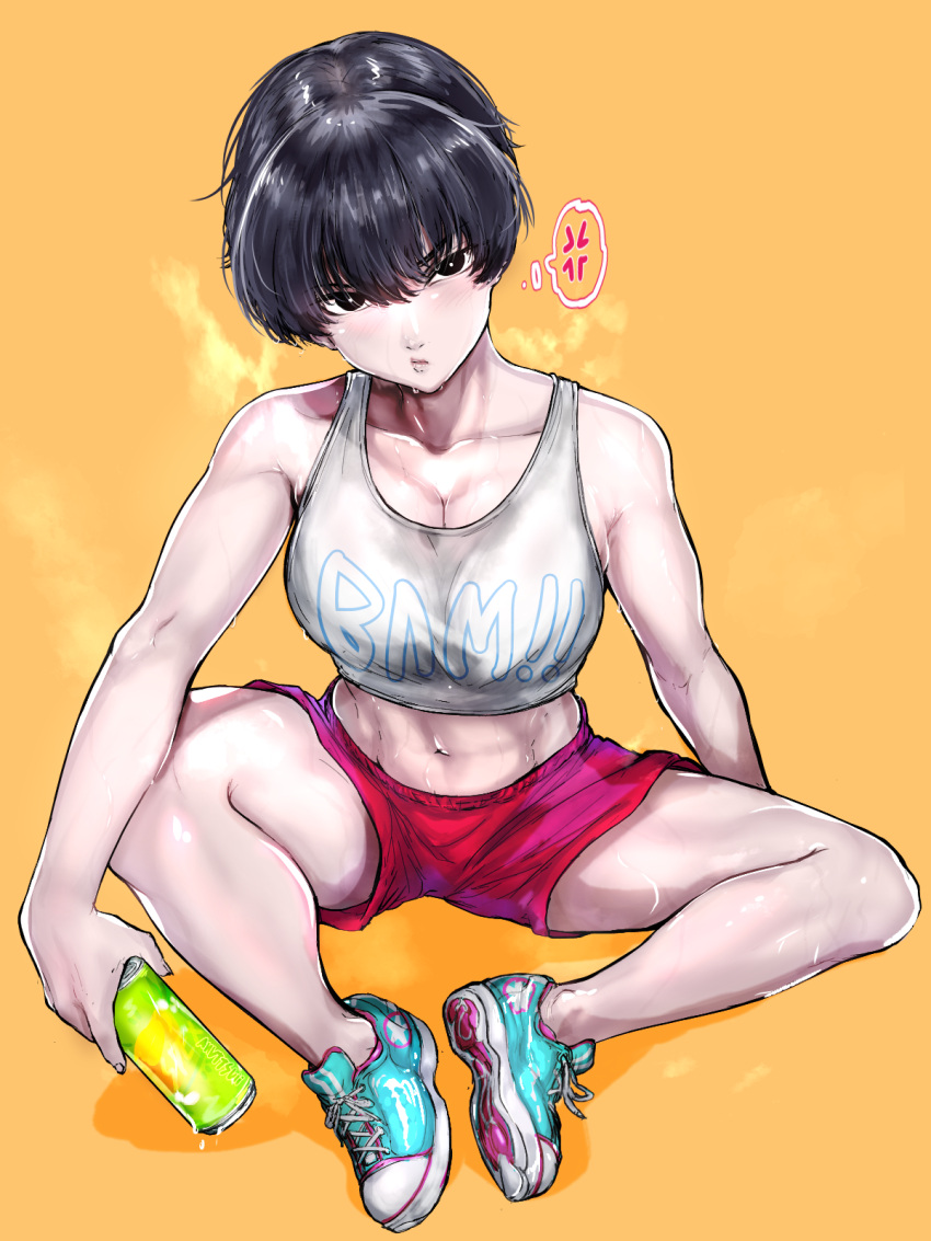 1girl anger_vein anuttsuii black_eyes black_hair blush breasts can cleavage highres looking_at_viewer midriff navel original shoes short_hair shorts sitting sneakers solo spread_legs sweat tank_top tomboy