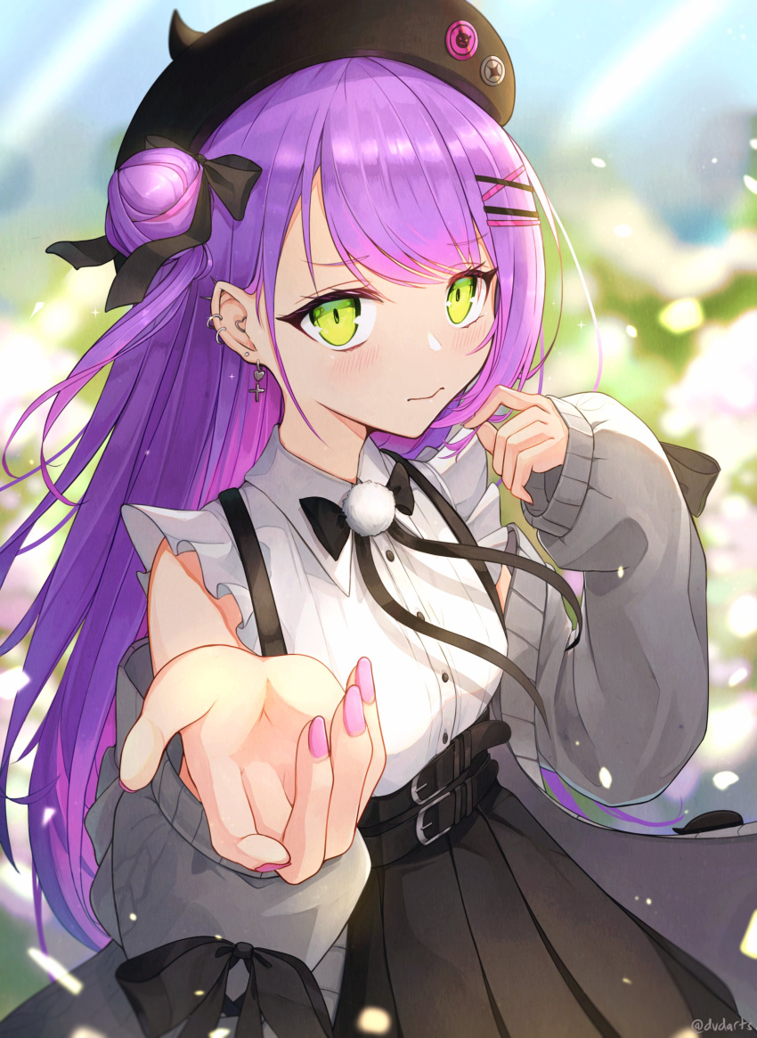 1girl absurdres bare_shoulders belt belt_buckle blush breasts buckle dvdarts green_eyes hat highres hololive long_hair looking_at_viewer medium_breasts meme_attire nail_polish purple_hair reaching_out skirt solo standing straight_hair tokoyami_towa virgin_killer_outfit virtual_youtuber