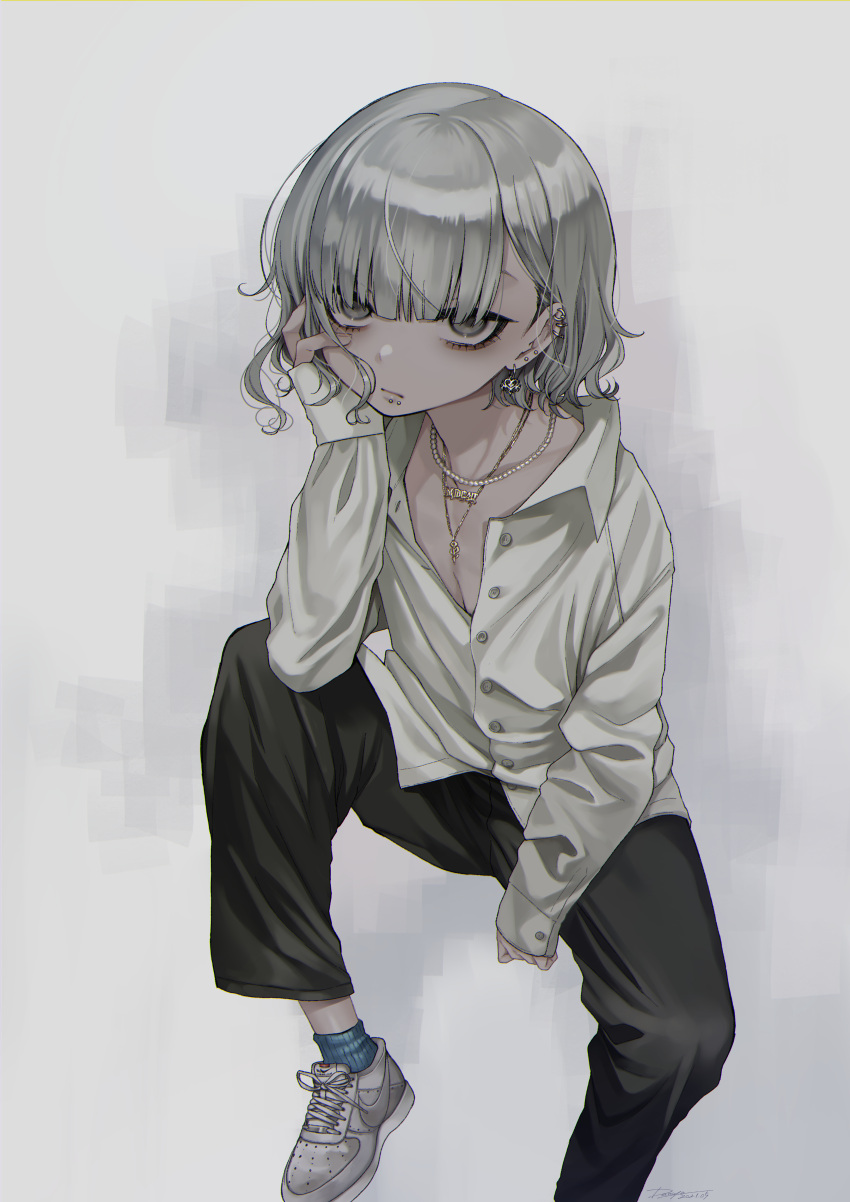 1boy absurdres androgynous bags_under_eyes bangs blue_legwear chromatic_aberration dancho_(dancyo) ear_piercing earrings expressionless highres huge_filesize jewelry lip_piercing long_sleeves looking_at_viewer male_focus necklace original otoko_no_ko pants piercing shirt shoes silver_eyes silver_hair simple_background sleeves_past_wrists sneakers socks solo untucked_shirt white_background white_shirt yodogawa_kemuri