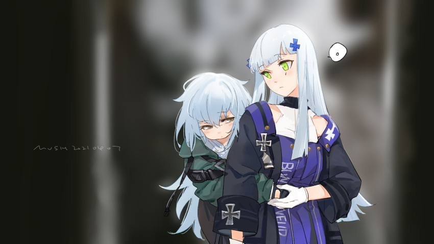 2girls artist_name bangs brown_eyes commentary_request dated g11_(girls_frontline) girls_frontline gloves grabbing grabbing_from_behind green_eyes hair_ornament highres hk416_(girls_frontline) jacket long_hair looking_at_another messy_hair mod3_(girls_frontline) multiple_girls mush no_hat no_headwear silver_hair upper_body white_gloves