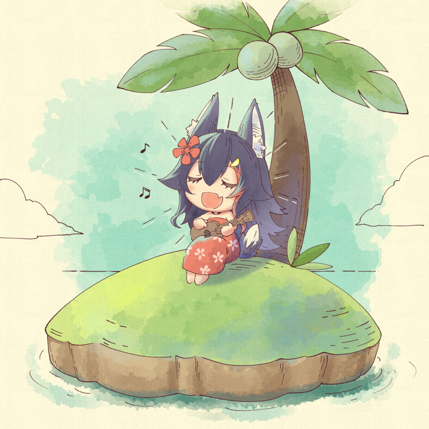 1girl animal_ear_fluff animal_ears black_hair bob-the-bison chibi closed_eyes coconut coconut_tree dress fang flipped_hair floral_print flower hair_flower hair_ornament hairclip highlights highres hololive instrument island long_hair multicolored_hair music ookami_mio open_mouth palm_tree playing_instrument print_dress red_dress red_hair sidelocks singing skin_fang smile solo strapless strapless_dress tail tree tube_dress ukulele very_long_hair virtual_youtuber wolf_ears wolf_girl wolf_tail |d