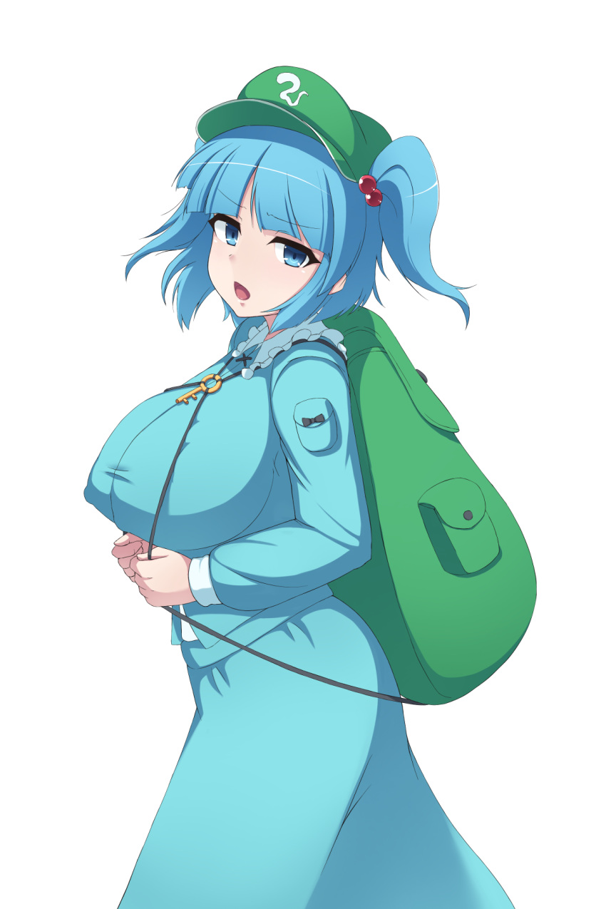 backpack bag bangs blue_eyes blue_hair blue_shirt blue_skirt breasts collared_shirt flat_cap frilled_shirt_collar frills green_headwear hair_bobbles hair_ornament hat highres kakikorori kappa kawashiro_nitori key large_breasts long_sleeves medium_hair pocket shirt short_sleeves short_twintails sidelocks skirt skirt_set touhou twintails two_side_up white_background