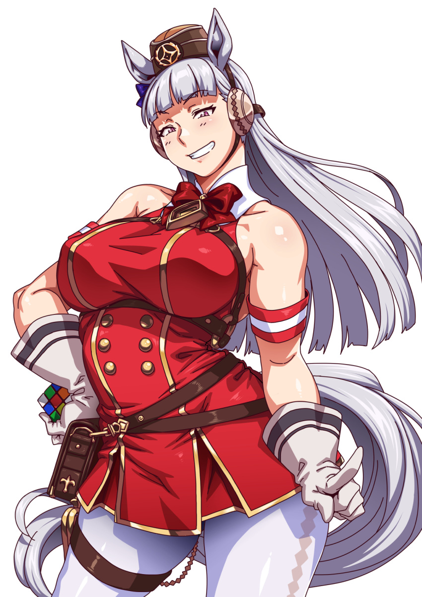 1girl animal_ears armband bag bangs bare_shoulders blunt_bangs blush bow breasts buttons clenched_teeth cowboy_shot double-breasted dress earmuffs eyebrows_visible_through_hair gloves gold_ship_(umamusume) grey_hair hair_ornament handbag hat highres horse_ears horse_girl horse_tail jun_(rojiura_jack) long_hair looking_at_viewer open_mouth pink_eyes pleated_dress pointing pointing_to_the_side rubik's_cube shadow smile solo standing striped striped_gloves tail teeth thigh_strap umamusume white_background