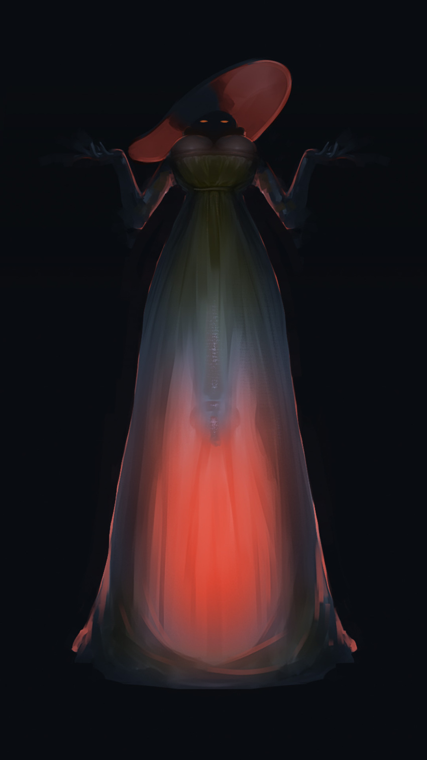 1girl alcina_dimitrescu black_background breasts colored_skin dark dress futanari glowing glowing_eyes grey_skin hat highres huge_penis large_breasts large_hat looking_down orange_eyes penis resident_evil resident_evil_village see-through see-through_silhouette shaded_face simple_background solo standing tailbox