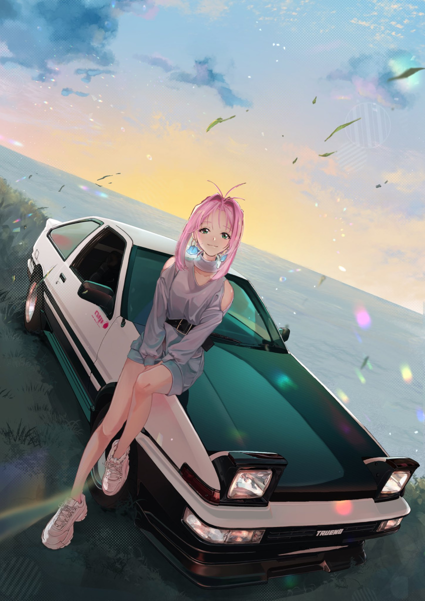 1girl alternate_costume bangs belt black_belt cleavage_cutout clothing_cutout denim denim_shorts earrings green_eyes grey_sweater highres jewelry macross macross_7 masa_(siriusu-koko) mylene_jenius pink_hair shoes shorts shoulder_cutout sitting smile sneakers solo sweater sweater_tucked_in toyota_sprinter_trueno vehicle_focus white_footwear