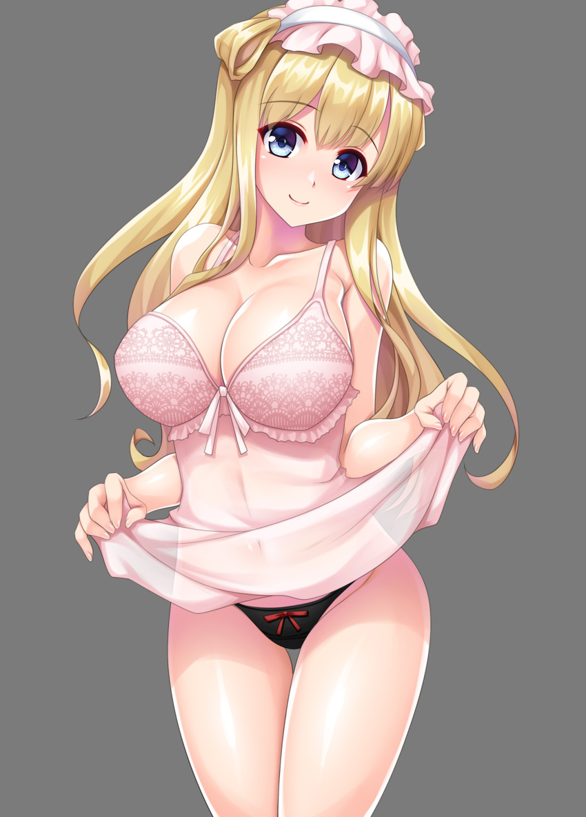 1girl absurdres black_panties blonde_hair blue_eyes breasts cleavage closed_mouth collarbone cowboy_shot eyebrows_visible_through_hair fletcher_(kancolle) grey_background groin hair_between_eyes highres kantai_collection large_breasts long_hair navel panties ruin_re_birth side_bun simple_background smile solo underwear underwear_only
