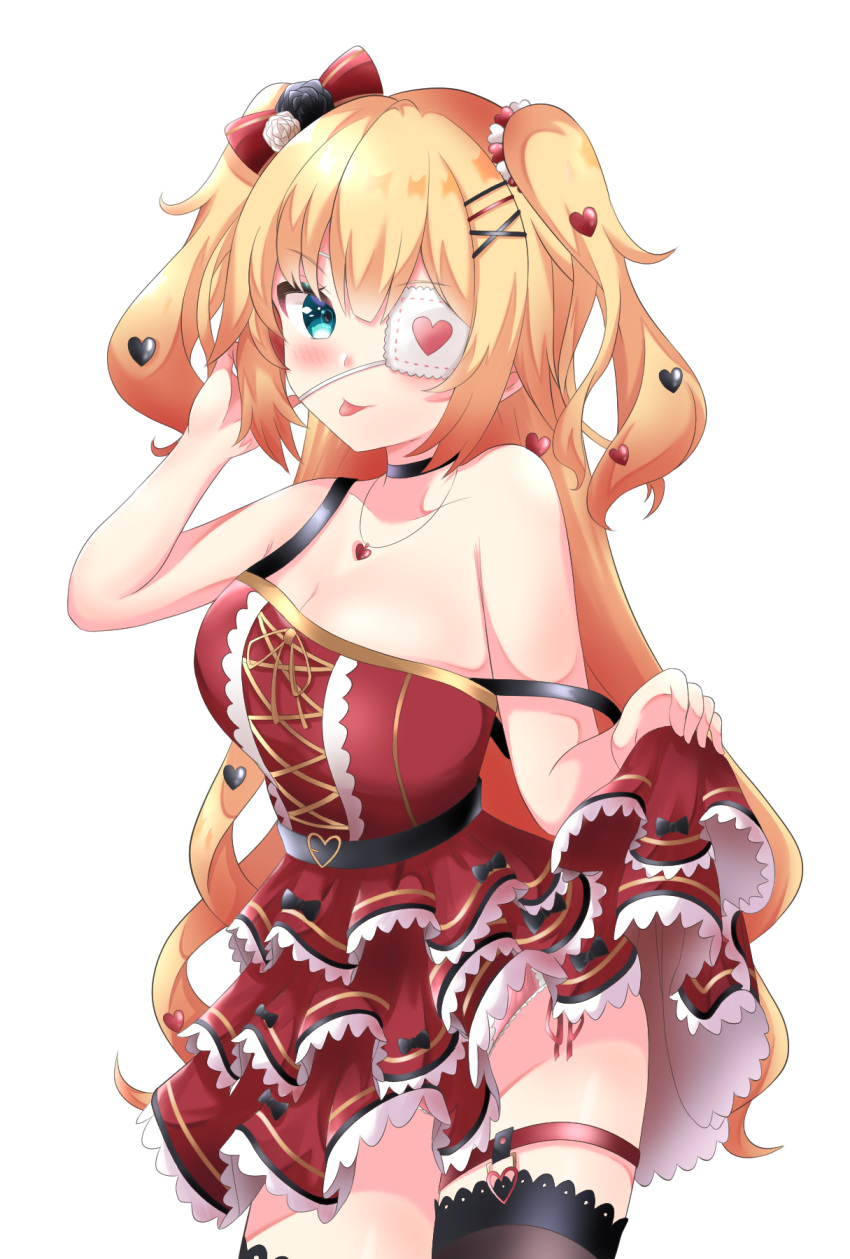 1girl :p akai_haato bangs bare_arms bare_shoulders belt blonde_hair blue_eyes breasts closed_mouth clothes_lift cross-laced_clothes dress dress_lift eyepatch frilled_dress frills garters gothic_lolita hair_between_eyes hair_ornament hairclip heart heart_eyepatch highres hikarin0502 hololive large_breasts lolita_fashion long_hair looking_at_viewer medical_eyepatch red_dress short_dress simple_background sleeveless sleeveless_dress smile solo strap_slip thighhighs tongue tongue_out two_side_up very_long_hair virtual_youtuber white_background white_eyepatch x_hair_ornament