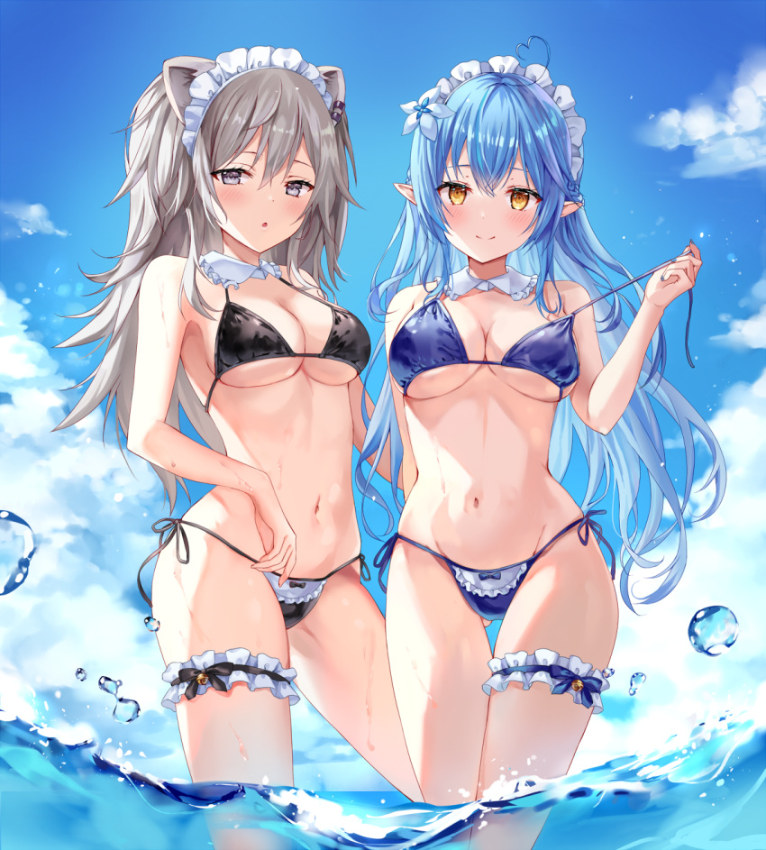 2girls :o ahoge animal_ears ass_visible_through_thighs bangs bikini black_bikini blue_bikini blue_hair blue_sky blush breasts cleavage closed_mouth commentary_request day detached_collar elf eyebrows_visible_through_hair flower frilled_bikini frills hair_flower hair_ornament heart_ahoge highres hololive leg_garter lion_ears long_hair maid_bikini maid_headdress mayo_(miyusa) medium_breasts multiple_girls navel ocean outdoors parted_lips pointy_ears pulled_by_self shishiro_botan silver_eyes silver_hair sky smile stomach strap_pull swimsuit thigh_gap underboob untied untied_bikini very_long_hair virtual_youtuber water white_flower yellow_eyes yukihana_lamy