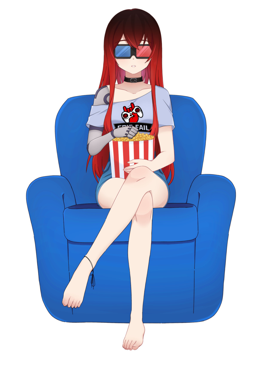 3d_glasses anklet bare_legs bare_shoulders barefoot choker epic_fail_project erica_naito food highres jewelry legs long_hair mechanical_arms mechanical_parts movie_theater original popcorn red_hair self_upload sitting toes