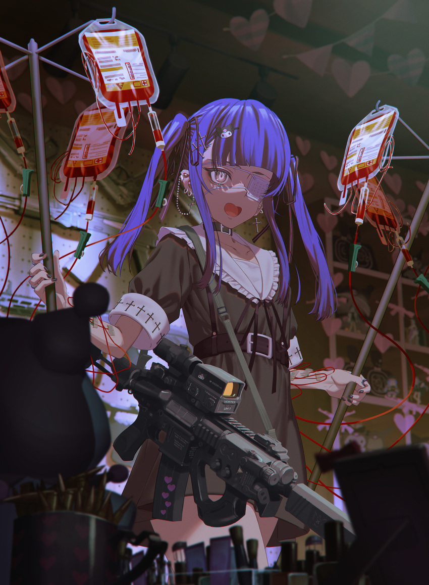 1girl absurdres assault_rifle black_dress black_nails blood blood_bag blue_hair blurry blurry_background character_hair_ornament commentary_request cross cross_earrings cross_hair_ornament depth_of_field dress ear_piercing earrings eyepatch frilled_sailor_collar frills grey_eyes gun h&amp;k_hk416 hair_ornament highres hironii_(hirofactory) indoors jewelry kuromi long_hair looking_at_viewer medical_eyepatch nail_polish onegai_my_melody open_mouth original piercing puffy_short_sleeves puffy_sleeves rifle sailor_collar sailor_dress short_sleeves solo twintails weapon weapon_request white_sailor_collar