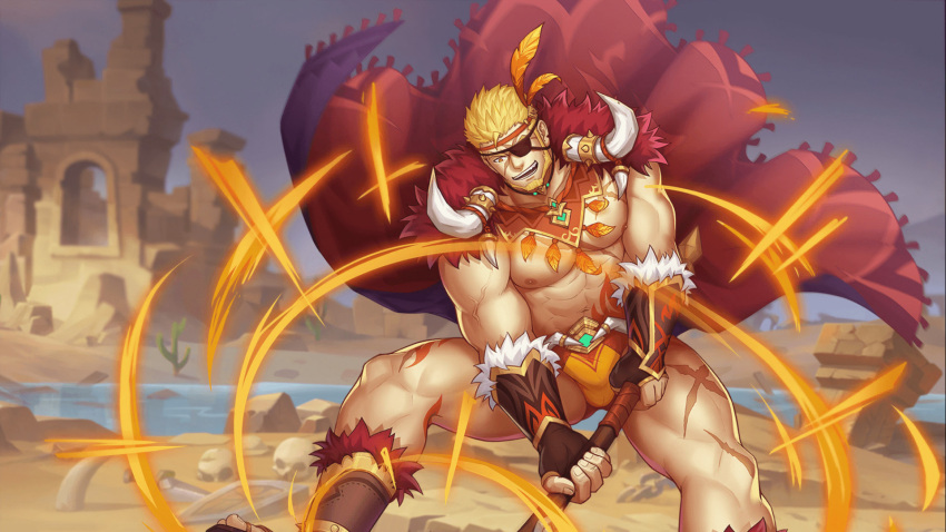1boy abs artist_request bara bare_pectorals beard blonde_hair bulge cape cross_scar eyepatch facial_hair gyee highres holding holding_weapon large_pectorals male_focus markus_(gyee) mature_male muscular muscular_male navel nipples official_alternate_costume official_art pectorals red_cape revealing_clothes scar_on_leg short_hair smile solo spiked_hair stomach thick_thighs thighs weapon wrestling_outfit