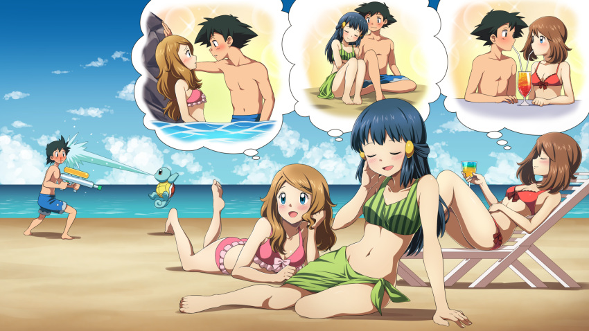 1boy 3girls ash_ketchum bare_arms barefoot beach bikini blood blue_eyes blue_hair blush breasts brown_hair cleavage closed_eyes closed_mouth cloud commentary cup dawn_(pokemon) day gen_1_pokemon green_sarong hair_ornament hairclip highres holding holding_cup imagining liquid long_hair lying male_swimwear may_(pokemon) multiple_girls navel nosebleed on_back on_stomach open_mouth outdoors pokemon pokemon_(anime) pokemon_(creature) pokemon_dppt_(anime) pokemon_rse_(anime) pokemon_xy_(anime) sand sarong serena_(pokemon) shirtless sky smile squirtle suitenan swim_trunks swimsuit thought_bubble toes tongue wall_slam water water_gun