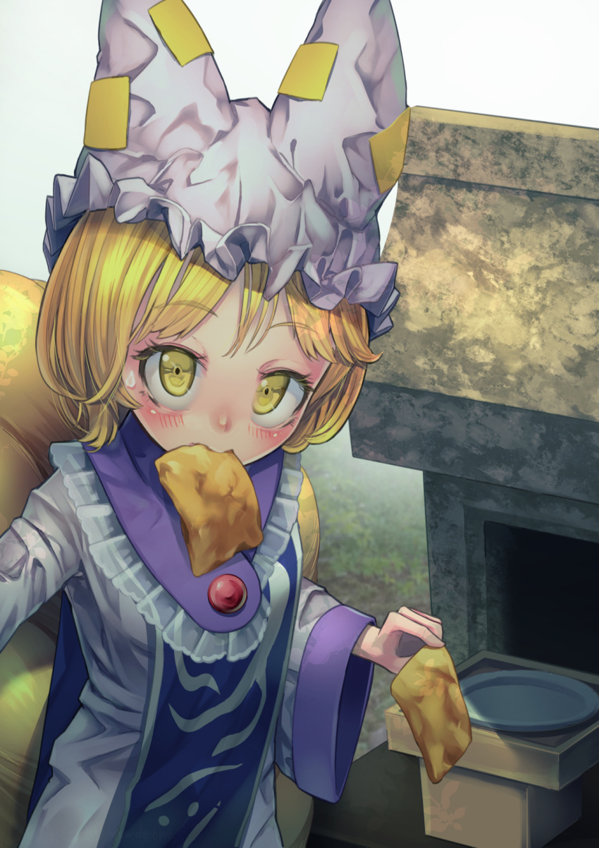 1girl aburaage animal_ears blonde_hair blush breasts commentary_request dress food food_in_mouth fox_ears fox_tail hat highres indoors medium_breasts mouth_hold multiple_tails pillow_hat short_hair solo tabard tail touhou upper_body white_dress yakumo_ran yawdeone yellow_eyes