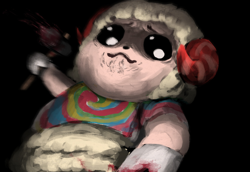 1boy animal_crossing black_background blood bloody_weapon closed_mouth commentary_request dom_(animal_crossing) furry hammer highres holding holding_hammer horns looking_at_viewer male_focus motion_blur multicolored_shirt nekonekosan_(kemushima3) sheep shirt solo tie-dye weapon