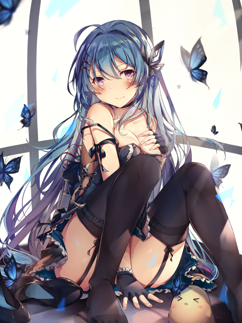 &gt;_&lt; absurdres ahoge arm_between_legs armlet armor ass_visible_through_thighs azur_lane bangs between_legs black_armor black_choker black_footwear black_garter_straps black_gloves black_legwear blue_butterfly blue_dress blue_hair breasts bug butterfly choker cleavage closed_mouth convenient_censoring dress dress_straps expressionless eyebrows eyebrows_visible_through_hair feet feet_out_of_frame fingerless_gloves floor flying footwear_removed frilled_dress frilled_gloves frills garter_straps gloves hair_ornament hair_over_breasts hairclip hand_between_legs hands_on_own_breasts head_tilt heaven's_melody helena_(azur_lane) high_heels highres insect knees_up legs legs_apart long_hair looking_at_viewer manjuu_(azur_lane) medium_breasts messy_hair no_bra off_shoulder parted_bangs pink_eyes shiny shiny_hair shiny_skin sidelocks sitting sitting_on_floor thighhighs thighs very_long_hair window