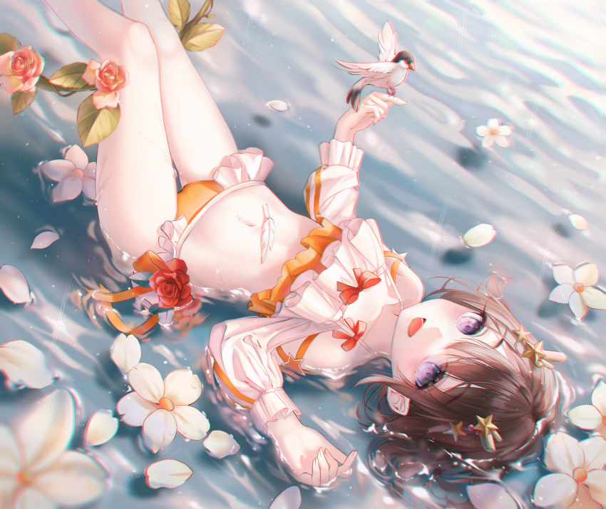 1girl :d absurdres amaroku_neko antlers bangs bikini bird bird_on_finger blush brown_hair chinese_commentary commentary_request eyebrows_visible_through_hair feathers feet_out_of_frame flower from_above hair_between_eyes hair_ornament highres indie_virtual_youtuber kano_(singer) long_sleeves looking_at_viewer lying navel on_back open_mouth orange_bikini partially_submerged petals purple_eyes short_hair smile solo star_(symbol) star_hair_ornament stomach swimsuit virtual_youtuber water white_flower