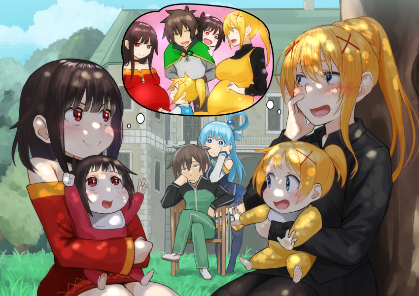 5girls :d aqua_(konosuba) baby bangs bare_shoulders black_choker black_jacket black_legwear black_shirt black_skirt blonde_hair blue_dress blue_eyes blue_hair blue_legwear blush boots braid brown_hair capelet child choker commentary_request commission crossed_legs darkness_(konosuba) dress good_end green_capelet green_jacket green_pants hair_ornament harem highres holding house if_they_mated izawa_koushi jacket kono_subarashii_sekai_ni_shukufuku_wo! long_hair long_sleeves medium_hair megumin multiple_girls off-shoulder_dress off_shoulder open_mouth pants pantyhose ponytail pregnant red_eyes satou_kazuma shirt short_hair shoulder_massage sitting skeb_commission skirt smile thigh_boots thighhighs thought_bubble tree x_hair_ornament