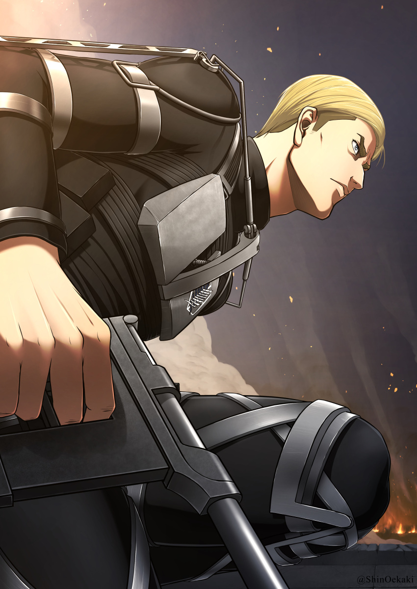 1boy absurdres alternate_costume black_bodysuit blonde_hair blue_eyes bodysuit closed_mouth commentary_request erwin_smith highres male_focus serious shin_oekaki shingeki_no_kyojin short_hair solo what_if