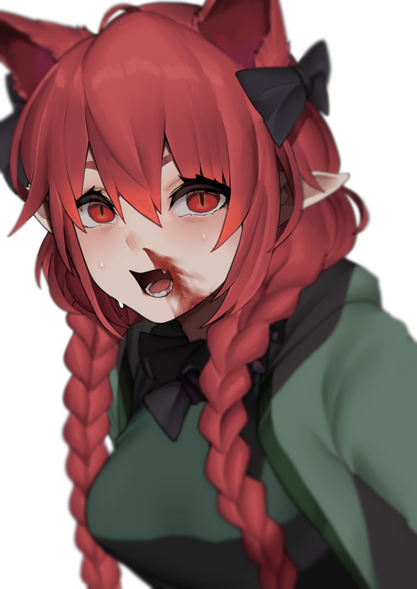 1girl :d absurdres animal_ears blood bloody_nose blurry bobby36446329 braid breasts cat_ears depth_of_field dress extra_ears eyebrows_behind_hair fang green_dress highres kaenbyou_rin long_hair medium_breasts open_mouth pointy_ears red_eyes red_hair simple_background smile solo touhou twin_braids twintails upper_body white_background