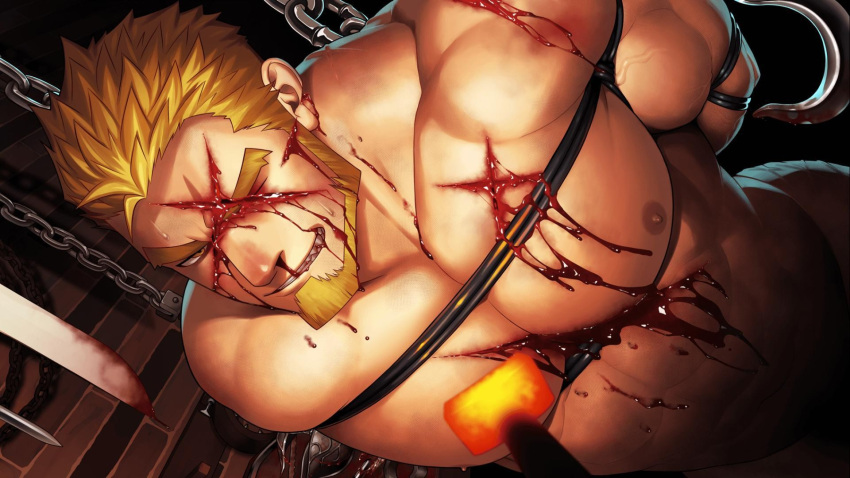 1boy abs arms_behind_back bara beard blonde_hair blood blood_from_mouth blood_on_face bound bound_arms completely_nude facial_hair guro gyee highres itto_(mentaiko) large_pectorals leaning_forward male_focus markus_(gyee) mature_male muscular muscular_male navel nipples nosebleed nude official_art pectoral_press pectorals rope scar scar_across_eye short_hair solo spiked_hair spoilers stomach thick_eyebrows third-party_source torture torture_instruments