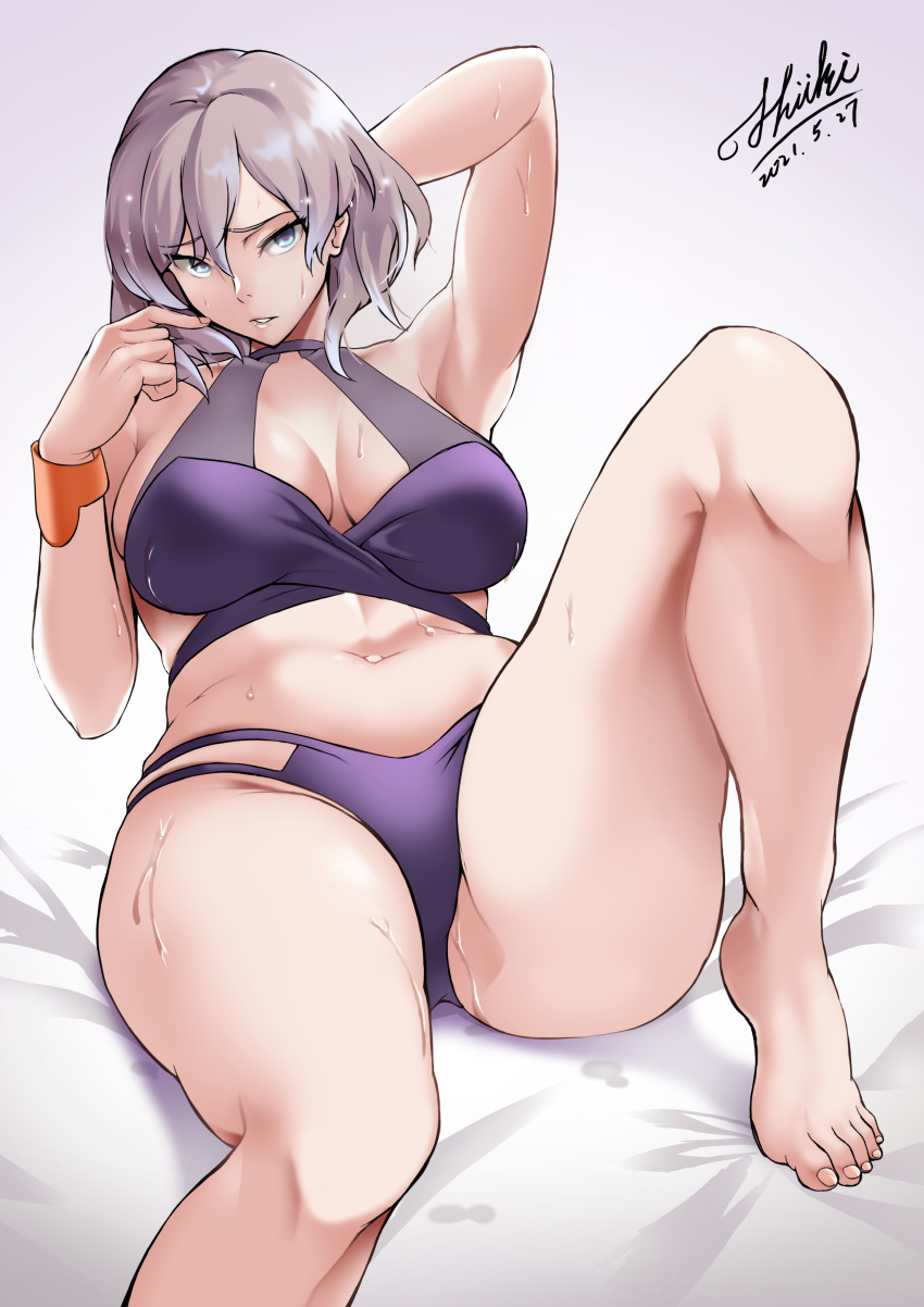 1girl absurdres bangs bare_shoulders barefoot bikini blue_eyes breasts cleavage collarbone dated feet gridman_universe highres knee_up large_breasts light_brown_hair looking_at_viewer love-saber mujina navel parted_lips purple_bikini signature sitting solo ssss.dynazenon swimsuit thighs toes