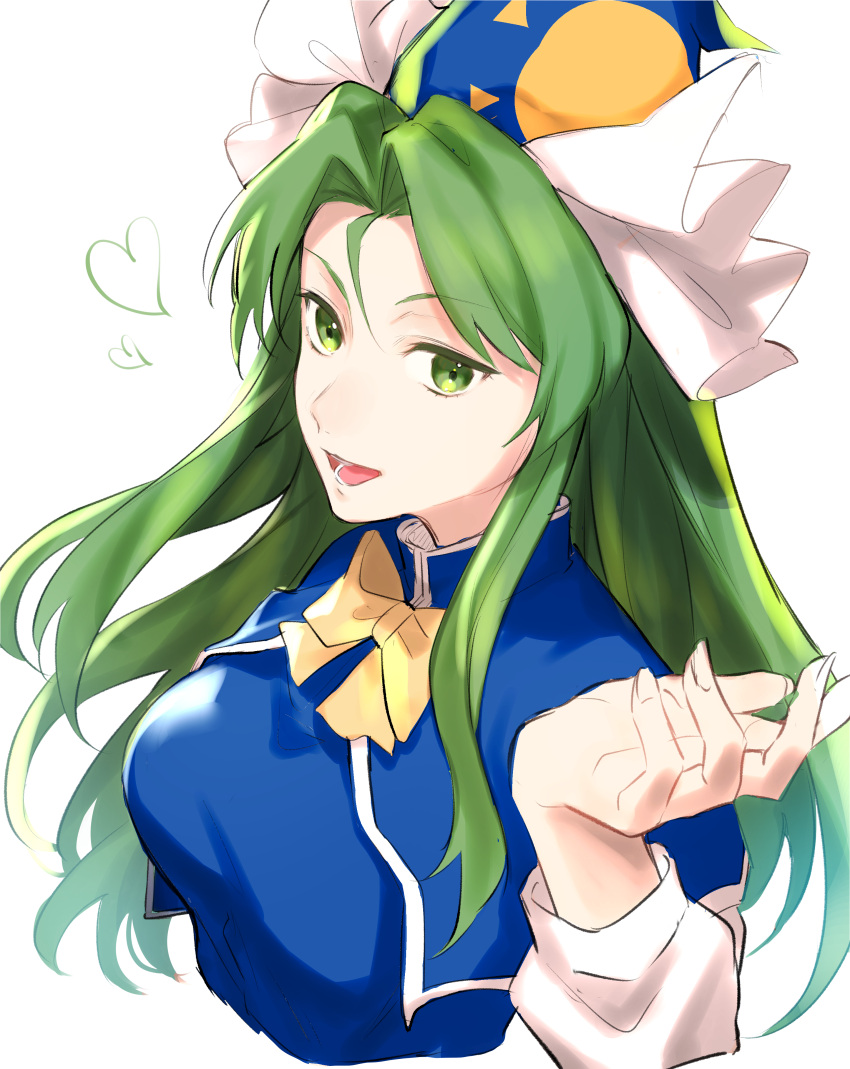 1girl absurdres bangs blue_dress blue_headwear bow breasts dress eyebrows_visible_through_hair green_eyes green_hair hand_up hat heart highres jill_07km long_sleeves looking_at_viewer medium_breasts mima_(touhou) open_mouth simple_background smile solo sun_symbol touhou touhou_(pc-98) white_background white_sleeves yellow_bow yellow_neckwear