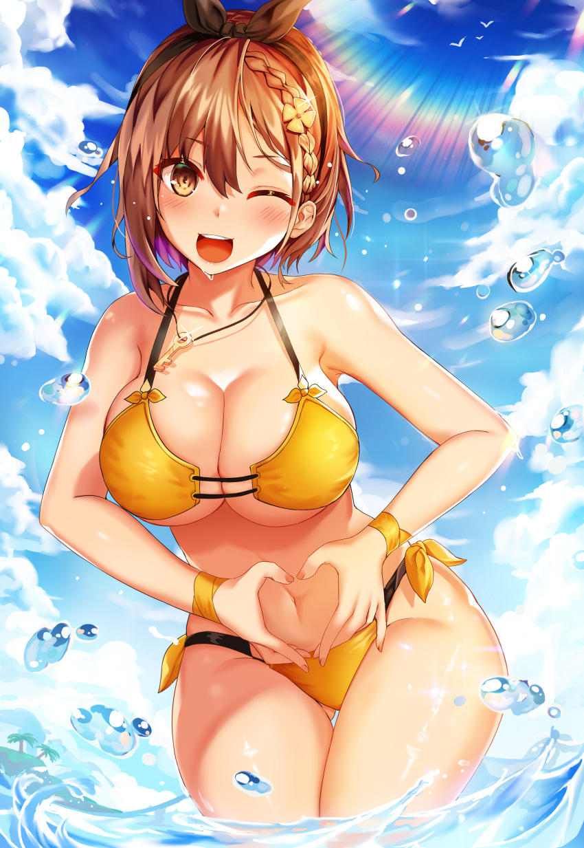 1girl absurdres ass_visible_through_thighs atelier_(series) atelier_ryza atelier_ryza_2 bangs bikini blue_sky braid breasts brown_eyes brown_hair cleavage cloud collarbone day deogho_(liujinzy9854) hair_between_eyes hair_ribbon heart heart_hands highres jewelry key korean_commentary large_breasts lens_flare looking_at_viewer medium_hair navel necklace ocean one_eye_closed open_mouth outdoors reisalin_stout ribbon sky smile solo swimsuit thigh_gap thighs underboob wading water water_drop yellow_bikini