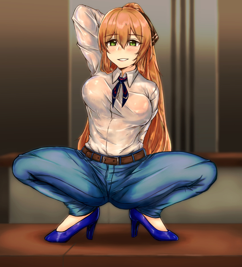 1girl arm_behind_head arm_up bangs belt blue_footwear blue_pants breasts brown_belt brown_hair collared_shirt dress_shirt eyebrows_visible_through_hair girls_frontline green_eyes hair_between_eyes hair_rings high_heels highres indoors large_breasts long_hair long_pants long_sleeves looking_at_another looking_at_viewer m1903_springfield_(girls_frontline) pants ponytail rx78kuroko1 shirt sidelocks smile solo spread_legs squatting white_shirt