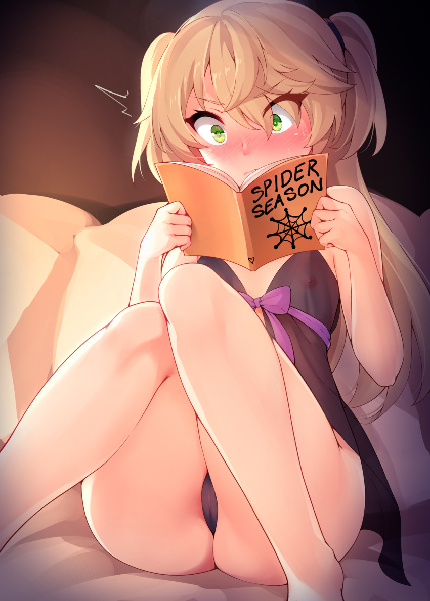 &gt;:( 1girl babydoll bangs black_babydoll blonde_hair blush book cameltoe closed_mouth commentary embarrassed english_commentary english_text eyebrows_visible_through_hair fischl_(genshin_impact) frown genshin_impact green_eyes helltaker highres holding holding_book knees_up long_hair nipples nose_blush open_mouth pillow reading ricegnat see-through sitting solo surprised two_side_up v-shaped_eyebrows wide-eyed