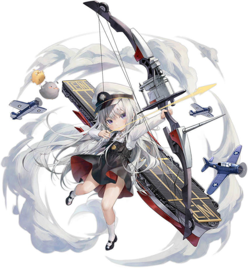 1girl aircraft airplane azur_lane bangs bird black_footwear bow_(weapon) chick child collared_shirt compound_bow douya_(233) f4f_wildcat flight_deck full_body hat highres kneehighs little_enterprise_(azur_lane) long_hair long_sleeves manjuu_(azur_lane) mary_janes official_art overall_skirt peaked_cap rigging sbd_dauntless shirt shoes silver_eyes silver_hair solo transparent_background very_long_hair weapon white_headwear white_legwear white_shirt younger