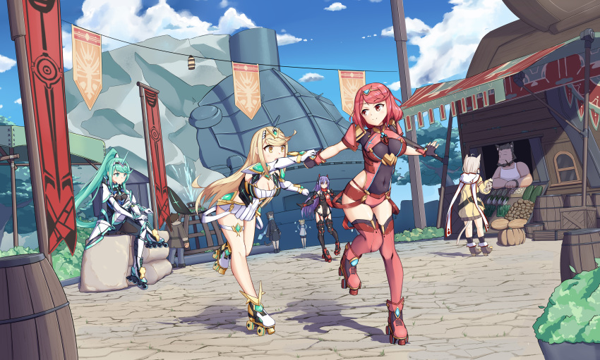 absurdres bangs bare_legs bare_shoulders black_gloves blonde_hair breasts chest_jewel cleavage cleavage_cutout clothing_cutout dress earrings elbow_gloves fingerless_gloves gloves green_eyes green_hair high_heels highres jewelry large_breasts long_hair mofftarkin mythra_(xenoblade) nia_(xenoblade) pneuma_(xenoblade) ponytail poppi_(xenoblade) poppi_qtpi_(xenoblade) pyra_(xenoblade) red_eyes red_hair red_shorts roller_skates scenery short_dress short_hair short_shorts shorts skates swept_bangs thigh_strap tiara very_long_hair white_dress white_footwear white_gloves xenoblade_chronicles_(series) xenoblade_chronicles_2 yellow_eyes